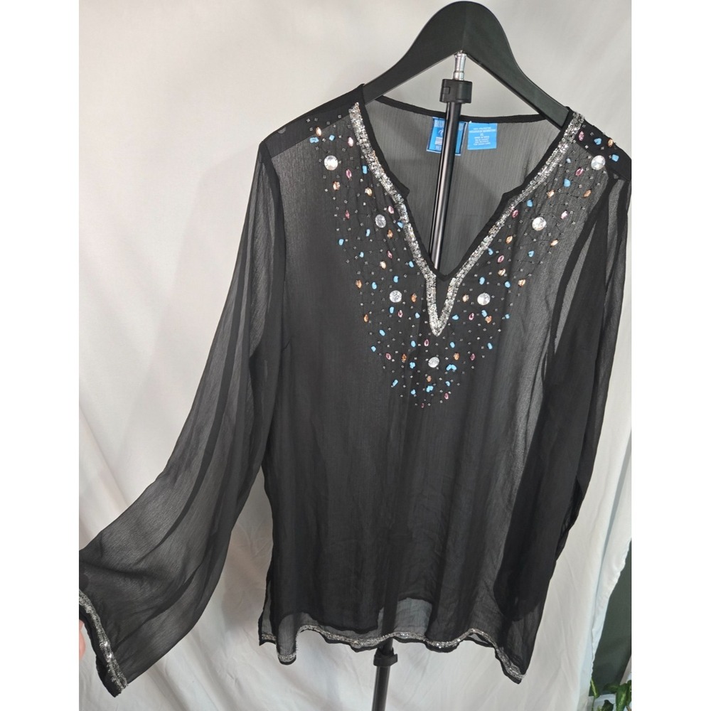 Sheer Beaded Boho Tunic Top Sz XL Black Embellished V Neck Festival Resort Beach
